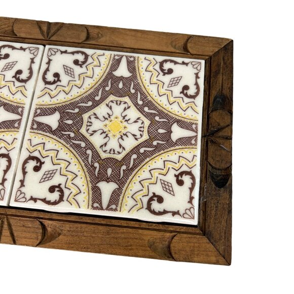 Vintage Mexican Tile Wood Framed Trivet Set Vintage MEXICO Folk Art TILE WOOD - Picture 3 of 10